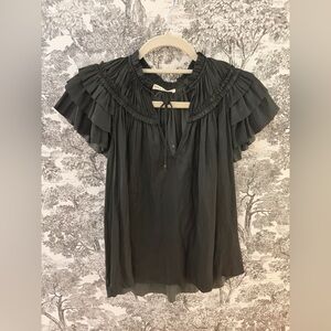 Ulla Johnson Liv Pleated Silk Tiered-Sleeve Top Shirt Green Olive Size 0